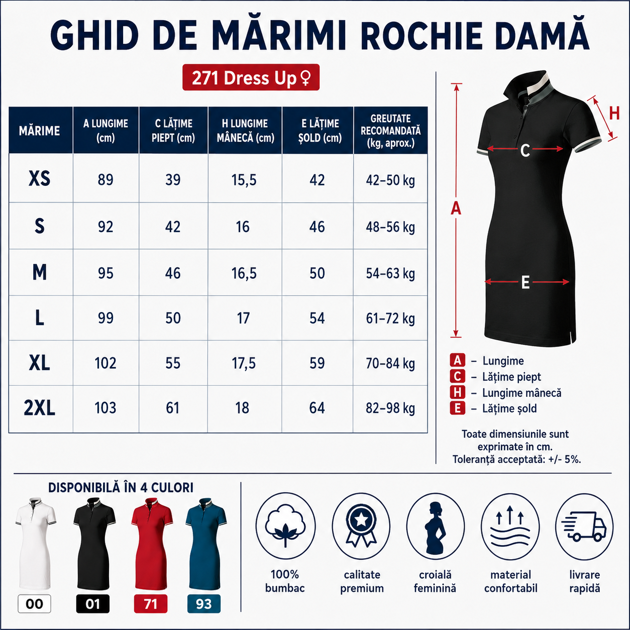 Ghid de mărimi rochie polo damă Malfini Premium 271 Dress Up XS S M L XL 2XL